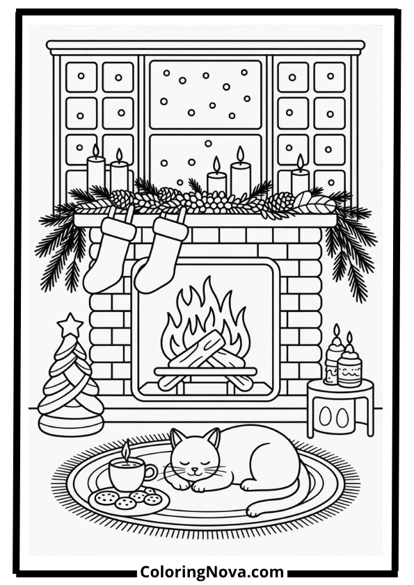 December Fireplace Night Coloring Pages
