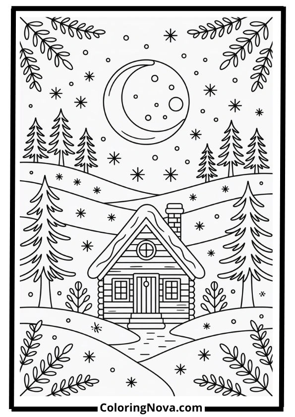 December Moonlight Snowfall Coloring Pages