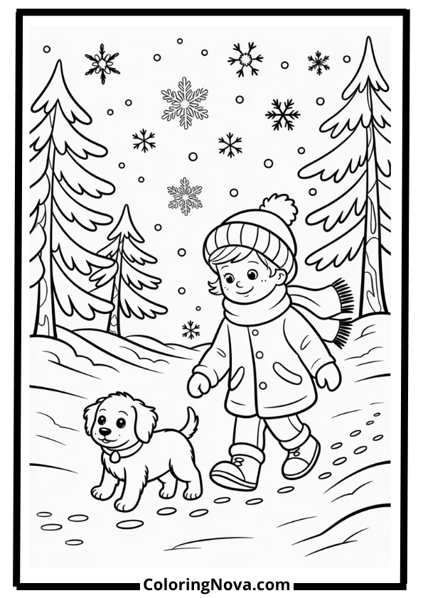 December Morning Snow Walk Coloring Pages