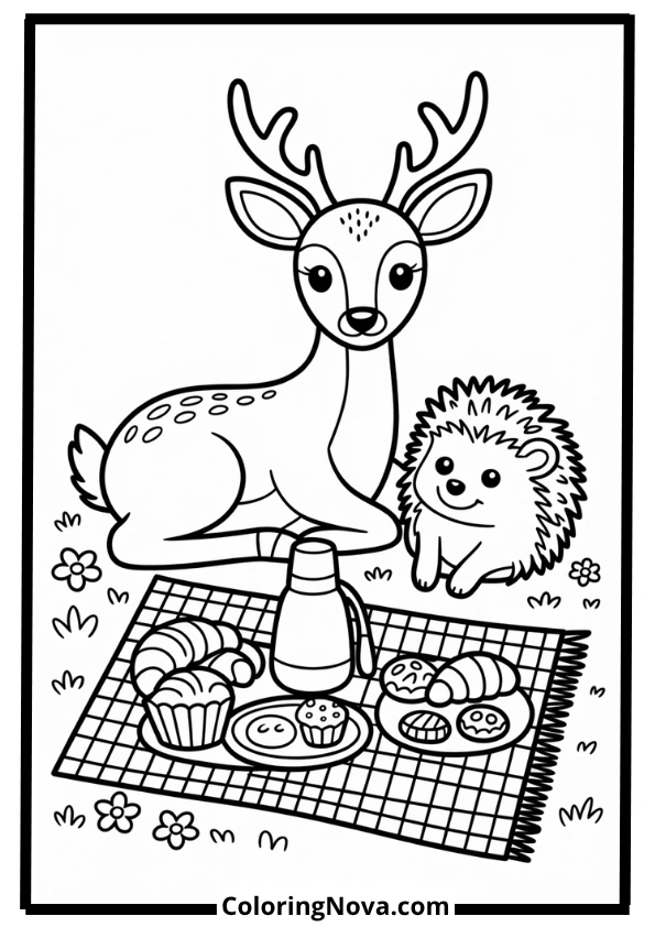 Deer and Hedgehog Picnic Coloring Page