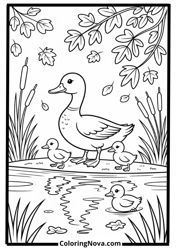 Duck Family Walking by Autumn Pond Coloring Page