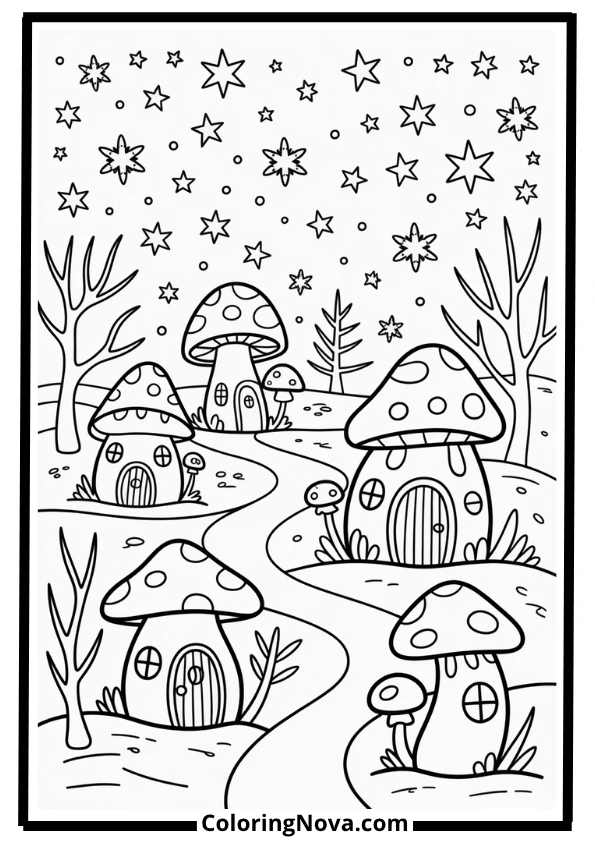 Fairy Village in Winter Night Coloring Page