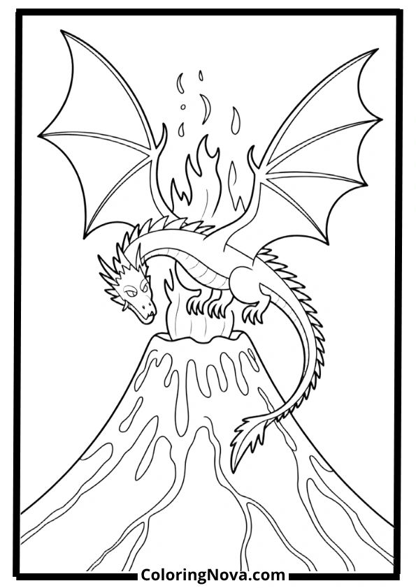 Fire Dragon Above the Volcano Coloring Pages