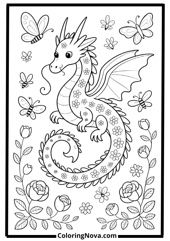Flower Garden Dragon Coloring Pages