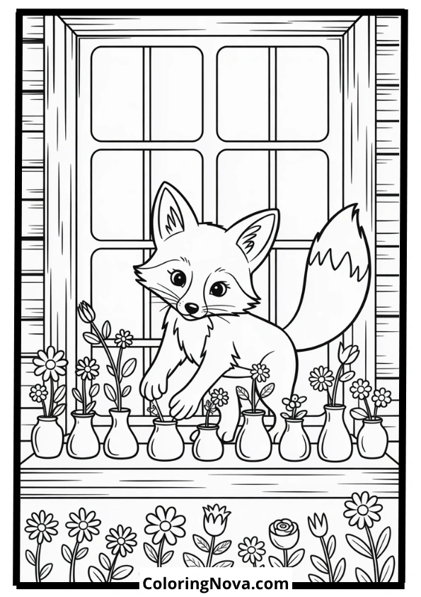 Fox Arranging Flowers Coloring Page