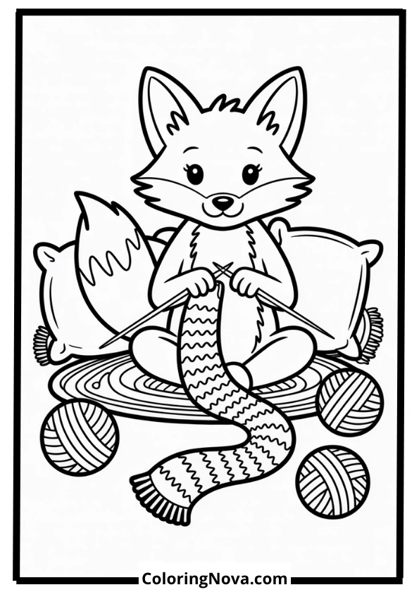 Fox Knitting Scarf Coloring Page