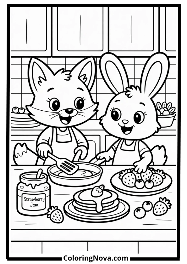 Fox and Bunny Making Pancakes Coloring Page