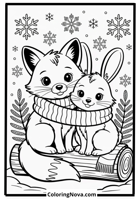Fox and Rabbit Sharing a Scarf Coloring Page