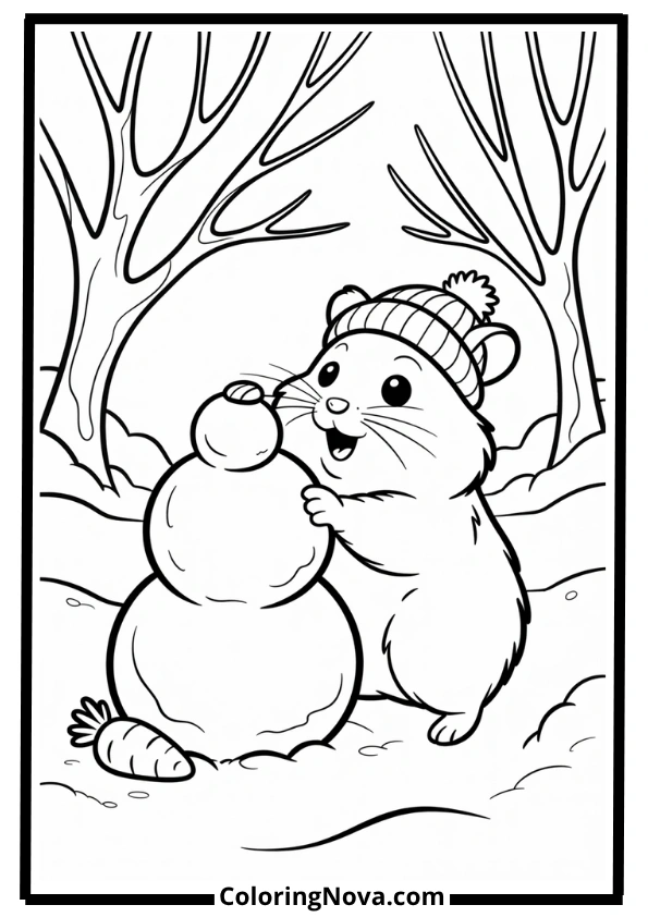Hamster Building a Snowman Coloring Page