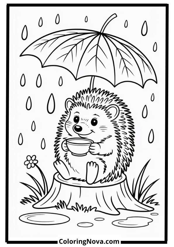 Hedgehog Under Leaf Umbrella Coloring Page