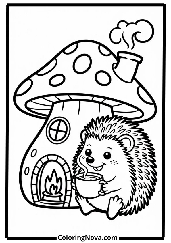 Hedgehog in Mushroom House Coloring Page