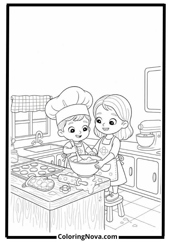 JJ Baking Cookies with Mom Coloring Page