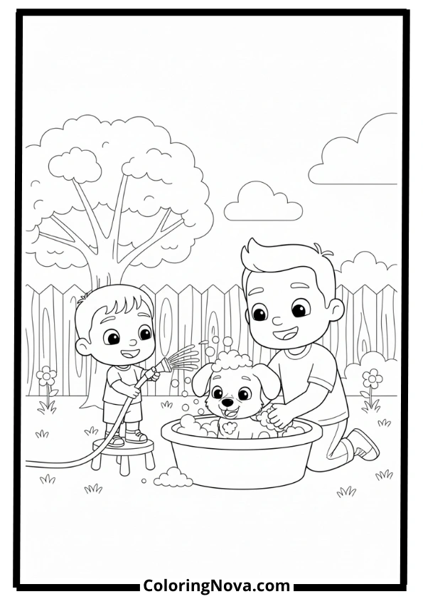 JJ Helping Dad Wash the Dog Coloring Page