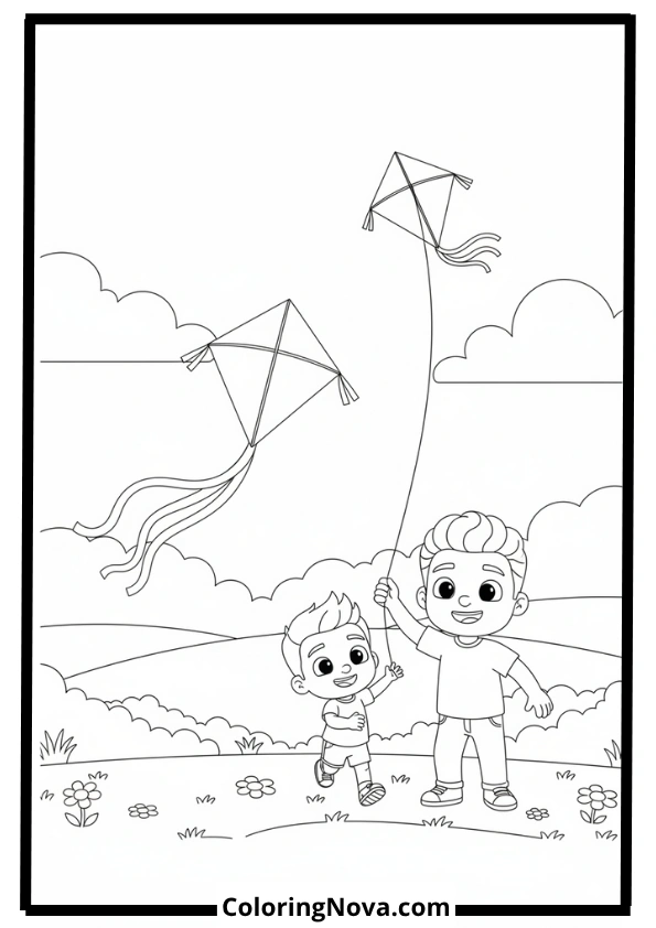 JJ and Dad Flying Kites Coloring Page