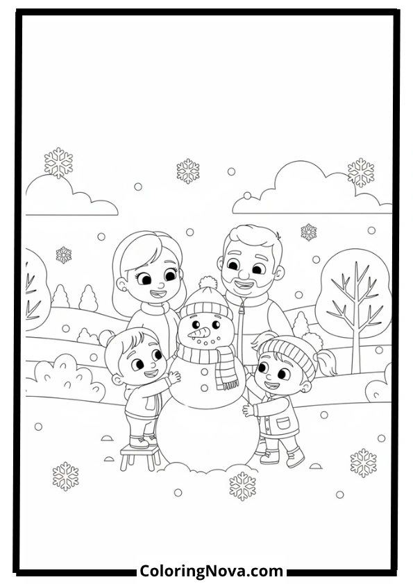 JJ and Family Building a Snowman Coloring Page