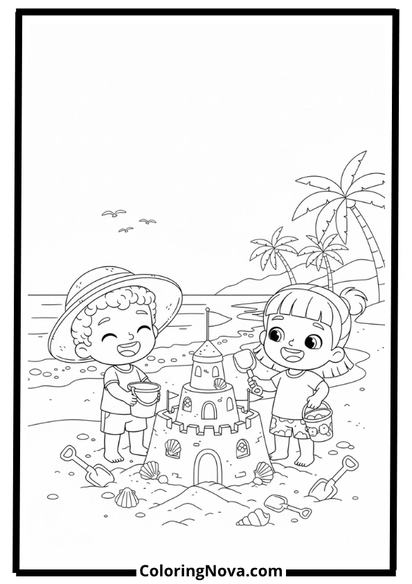 JJ and Friends Building a Sandcastle Coloring Page