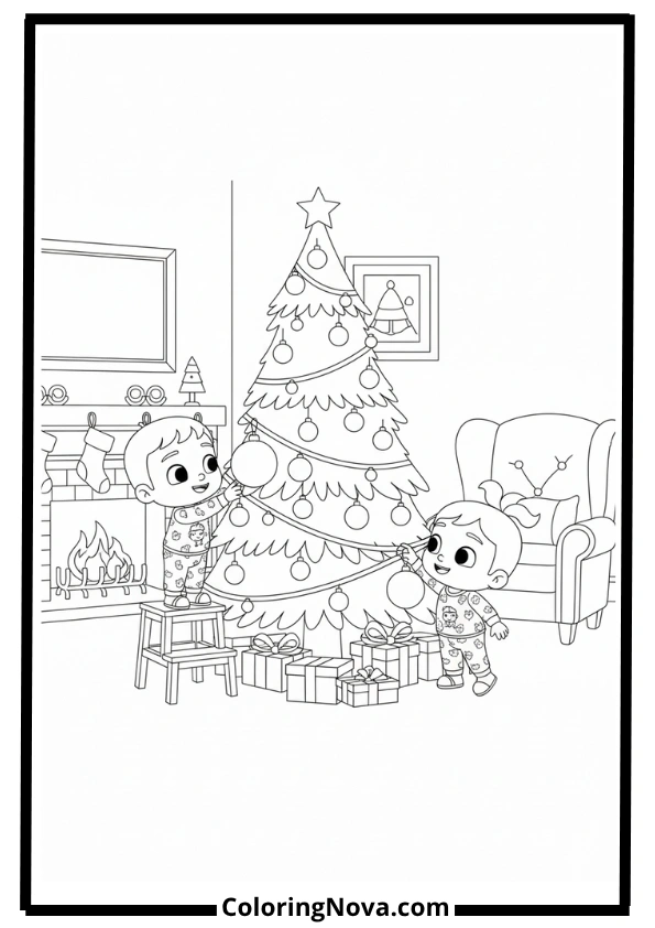 JJ and YoYo Decorating the Christmas Tree Coloring Page