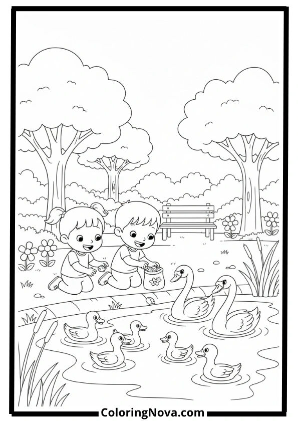 JJ and YoYo Feeding Ducks Coloring Page