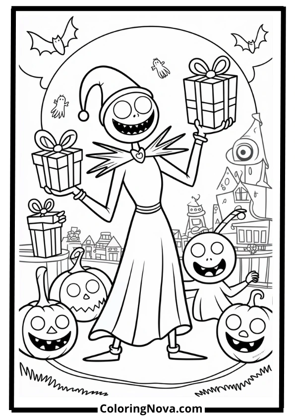 Jack Delivering Presents to Halloween Town Coloring Page