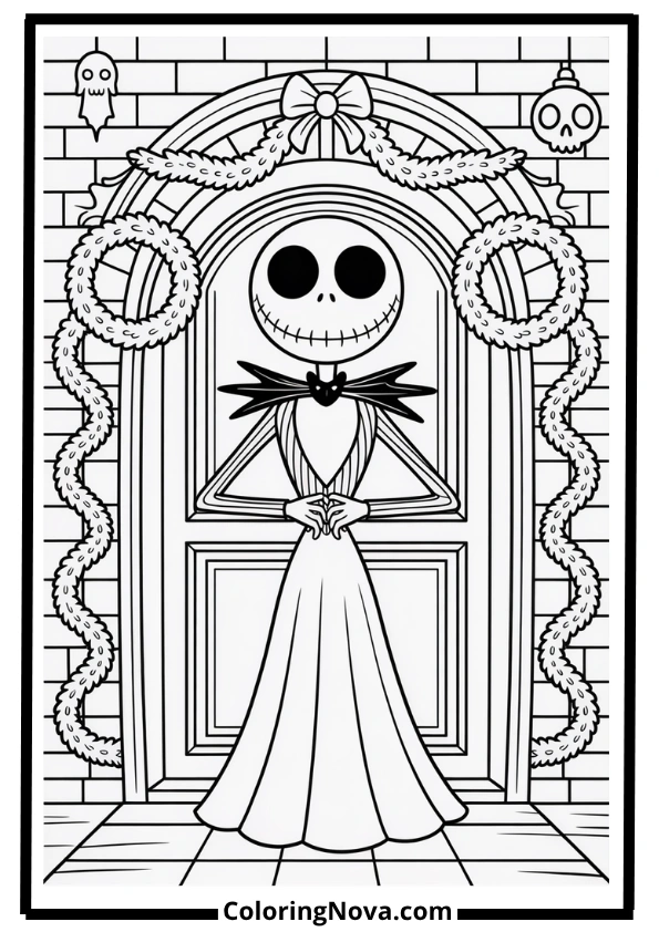 Jack Skellington Hanging Wreaths Coloring Page