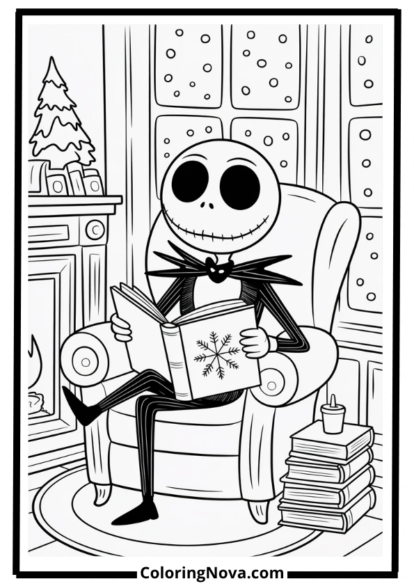 Jack Skellington Reading a Snowy Storybook Coloring Page