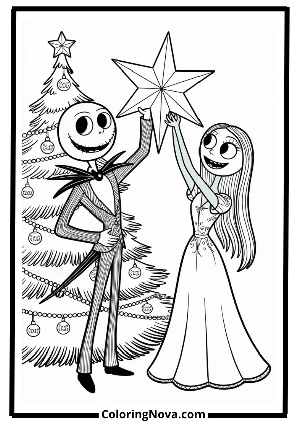 Jack and Sally Holding a Christmas Star Coloring Page