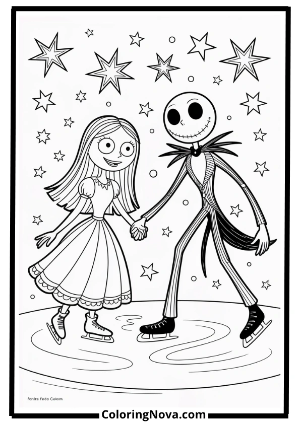 Jack and Sally Ice Skating Coloring Page