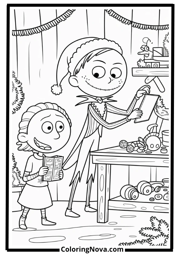 Jack and Zero at Santa’s Workshop Coloring Page