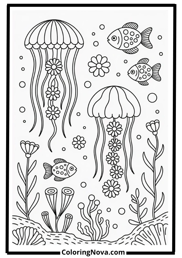 Jellyfish & Flowers Coloring Pages