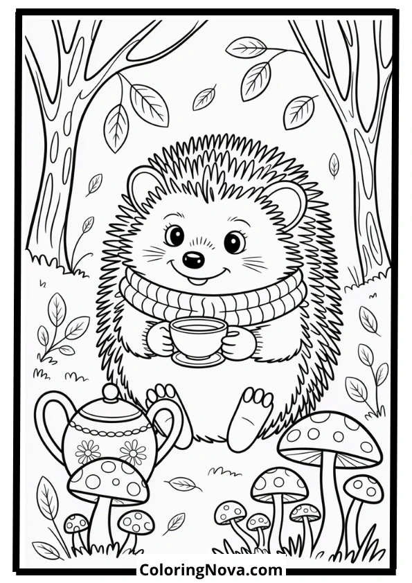 Little Hedgehog Drinking Tea in Forest Coloring Page