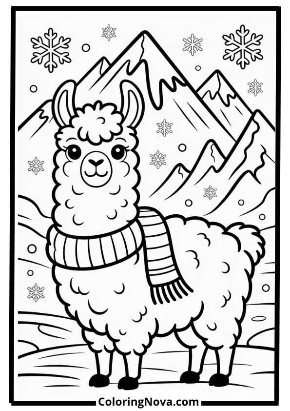 Llama with Scarf in Snowy Mountains Coloring Page