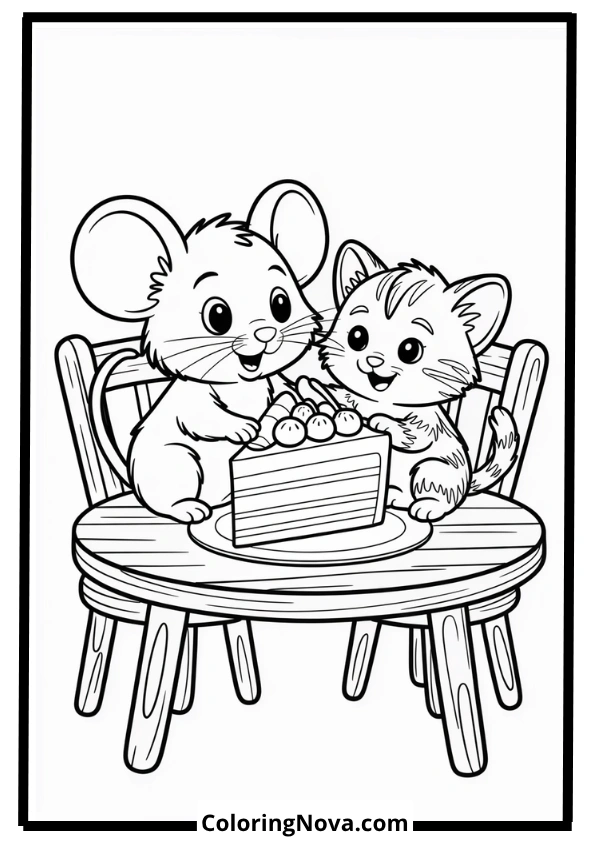 Mouse and Kitten Sharing Cake Coloring Page
