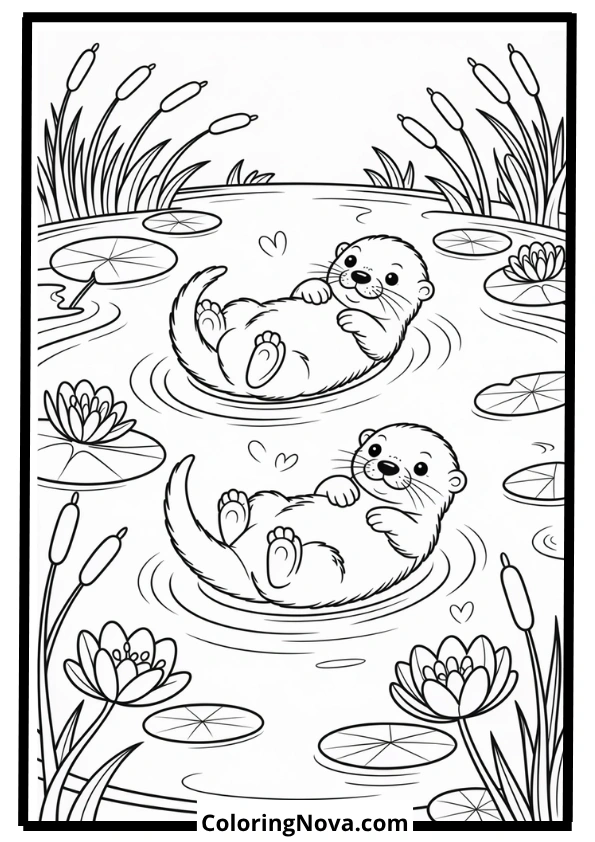 Otters Holding Hands Floating on Water Coloring Page