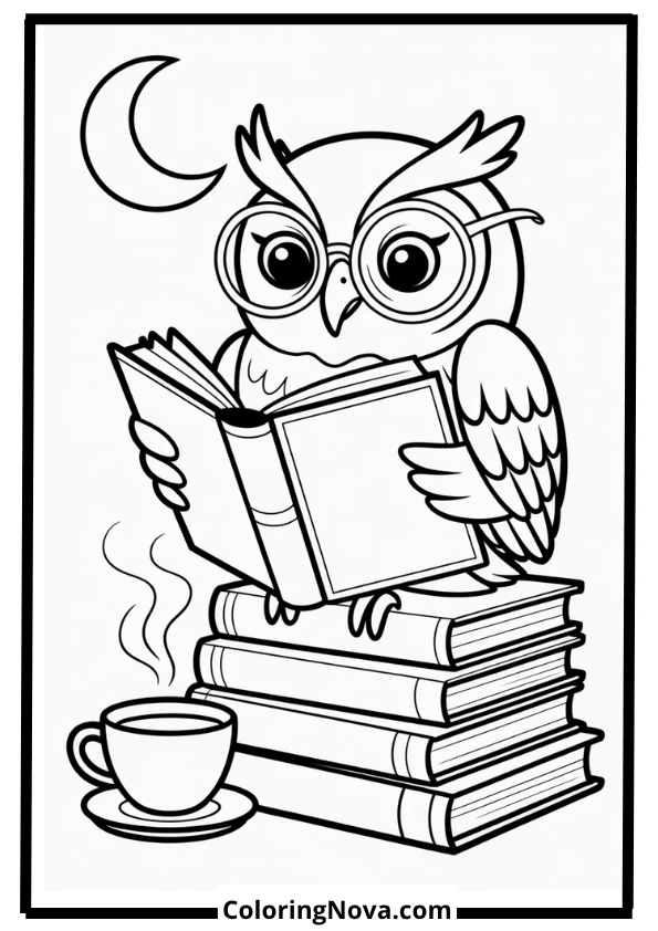 Owl Reading by Moonlight Coloring Page