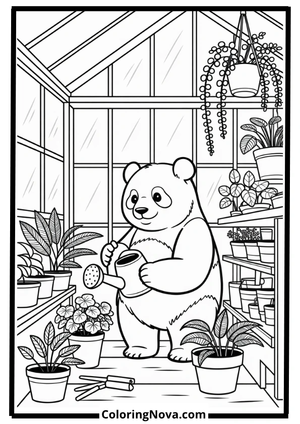 Panda Watering Plants Coloring Page