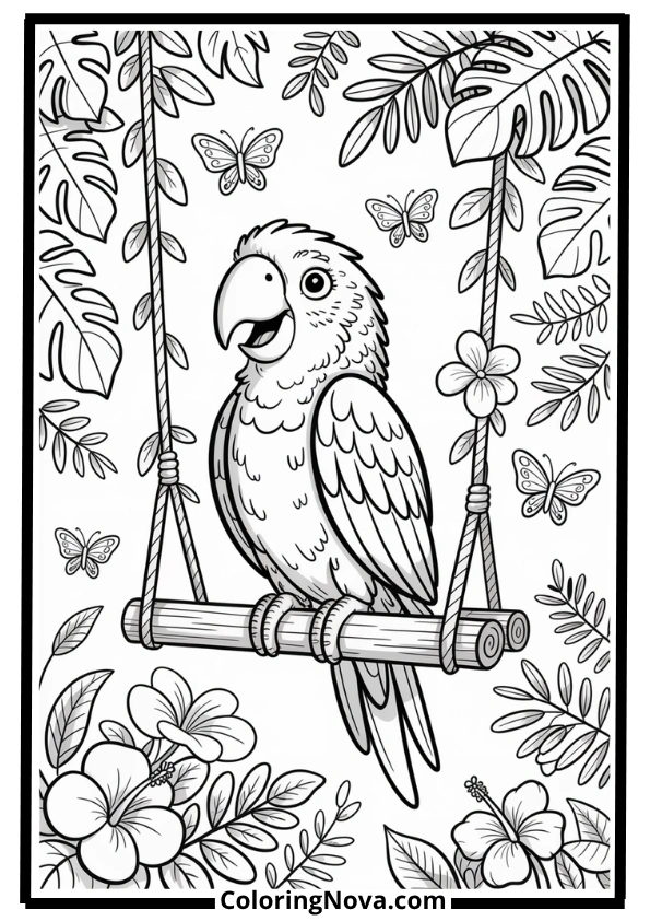 Parrot Sitting on Jungle Swing Coloring Page