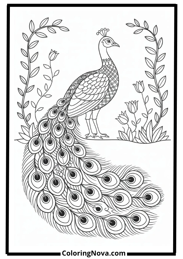 Peacock & Flowers Coloring Pages
