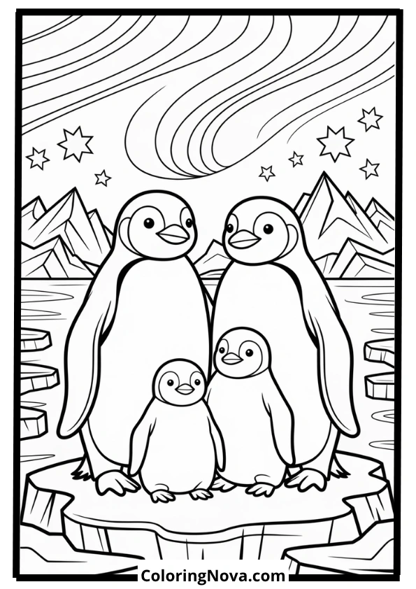 Penguin Family Watching Northern Lights Coloring Page