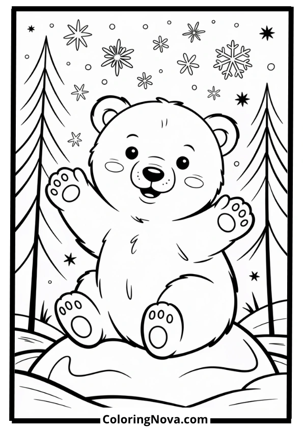 Polar Bear Cub Catching Snowflakes Coloring Page