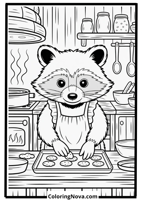 Raccoon Baking Cookies in Cozy Cabin Coloring Page