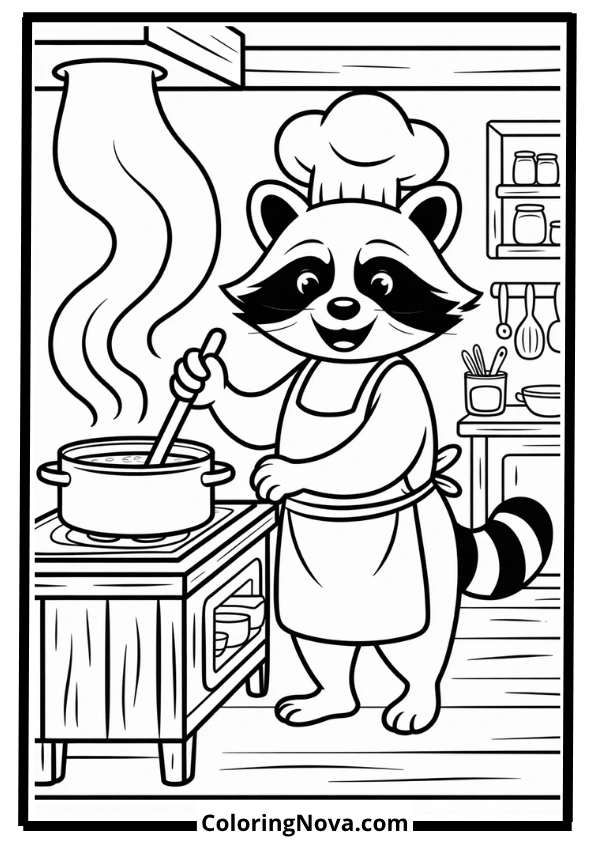 Raccoon Cooking Soup Coloring Page