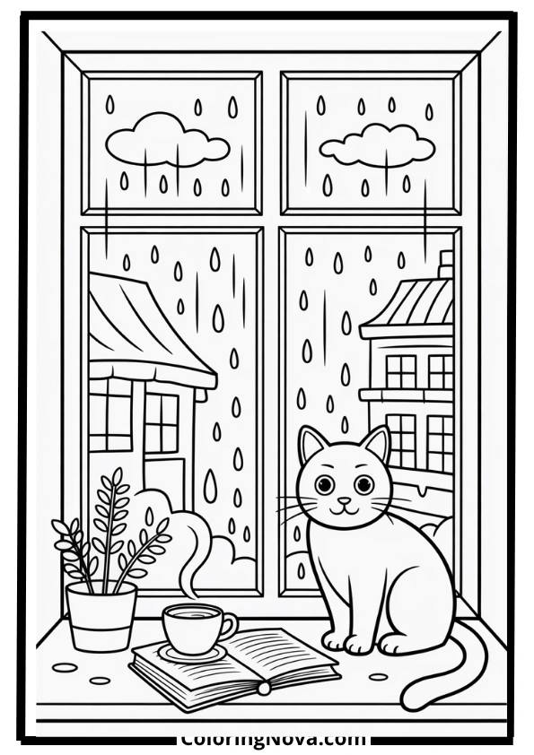 Rainy Day Window Scene Coloring Page