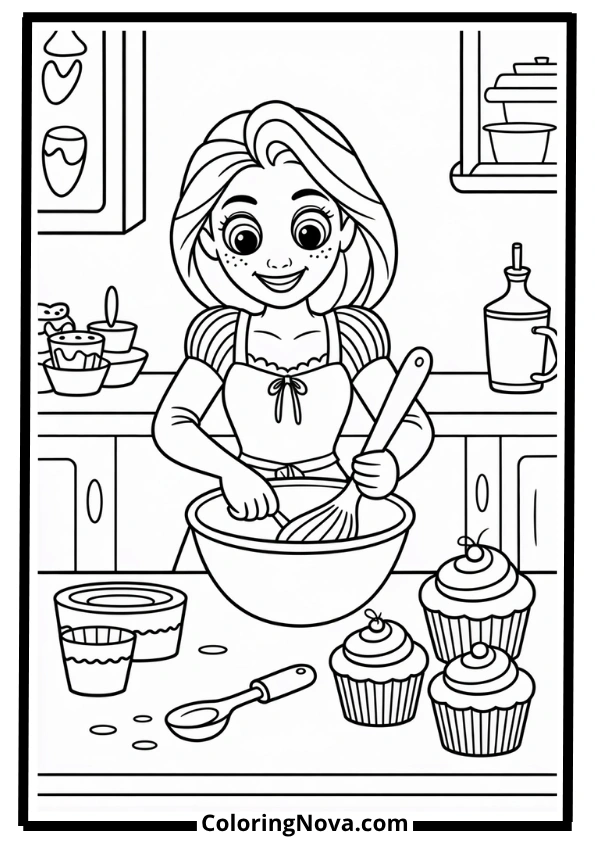 Rapunzel Baking Cupcakes Coloring Page