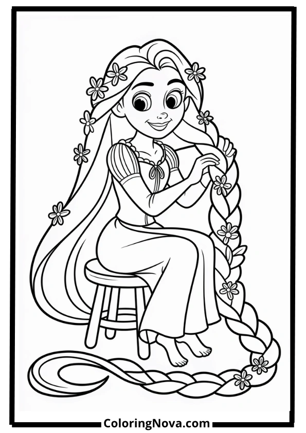 Rapunzel Braiding Her Long Hair Coloring Page