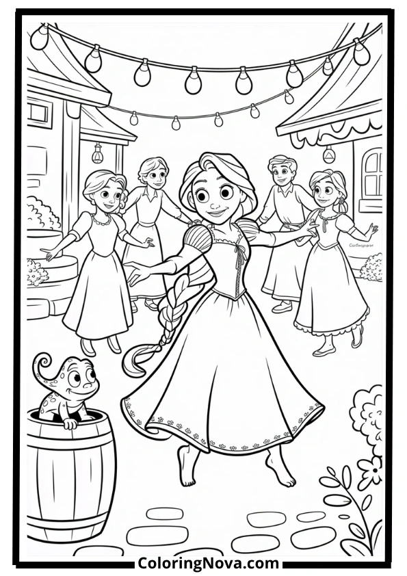 Rapunzel Dancing in the Village Square Coloring Page