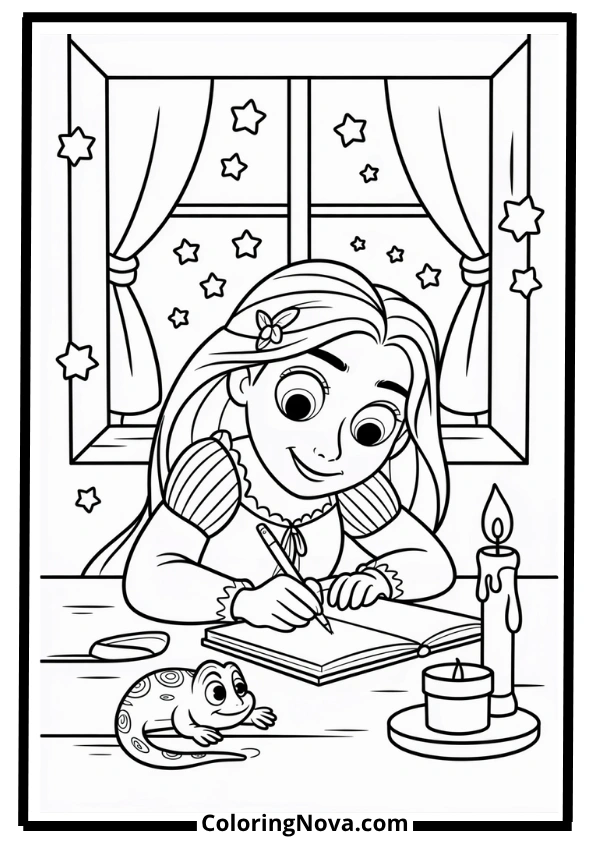 Rapunzel Dreaming by Candlelight Coloring Page