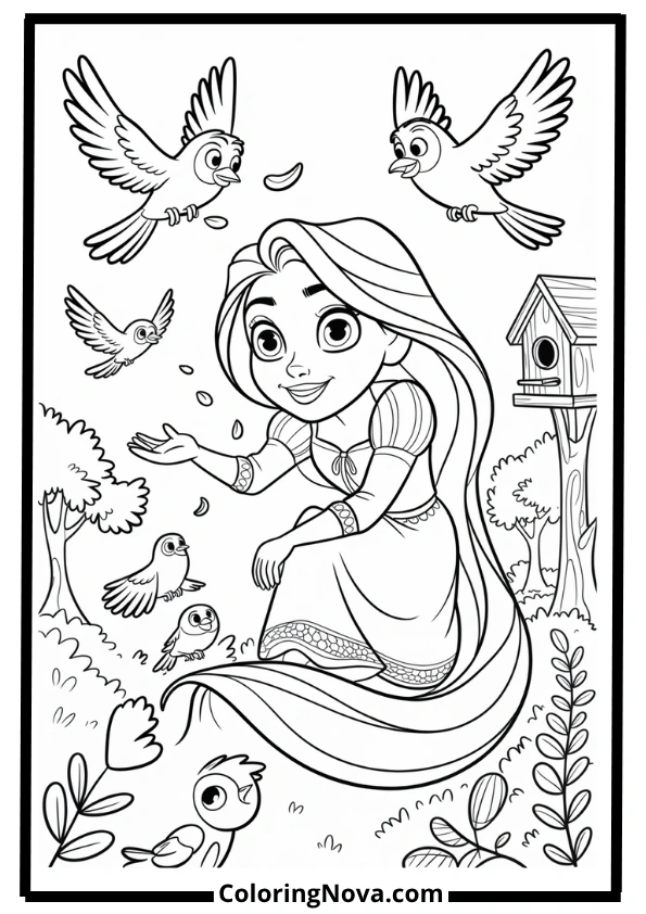 Rapunzel Feeding Birds Coloring Page
