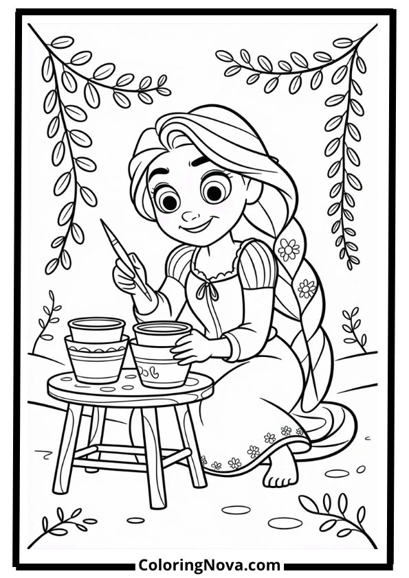 Rapunzel Painting Pots Coloring Page
