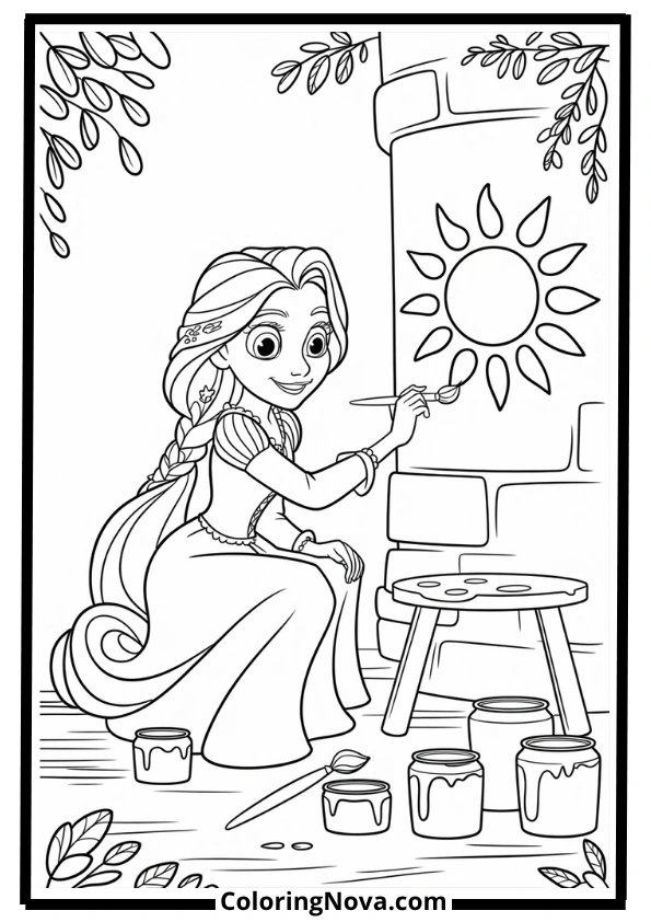 Rapunzel Painting a Sun Symbol Coloring Page