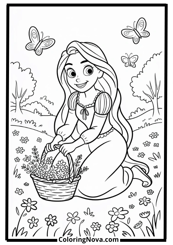 Rapunzel Picking Wildflowers Coloring Page